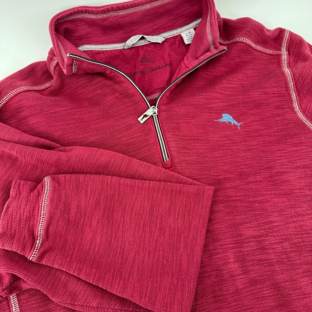 Tommy Bahama Mens Large Red‎ Pima Cotton Tencel Quarter Zip Pullover Sweater